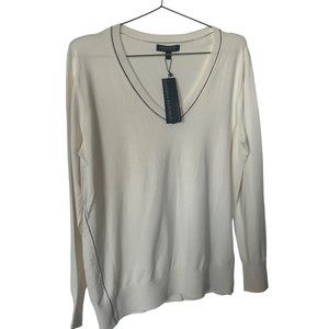 Banana Republic White V-neck with Black Detail Pullover Sweater Size M